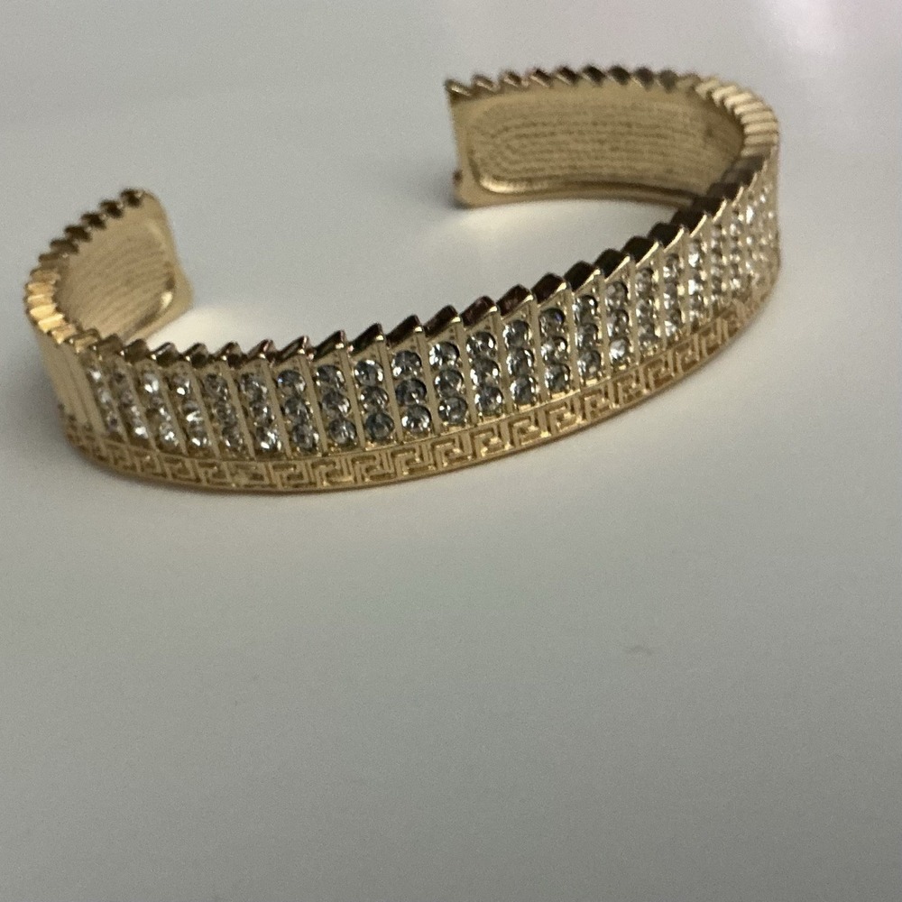 Gold Plated CZ Greek Key Wide Cuff Bracelet Waterproof 7in Statement Jewelry